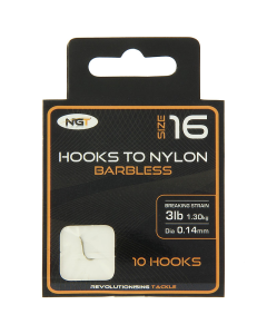 Buy NGT Hook to Nylon Barbless Size 16 for only £8.99 in Bait & Tackle, Rigs, Hooks at Big Bill's Fishing Shack, Main Website.
