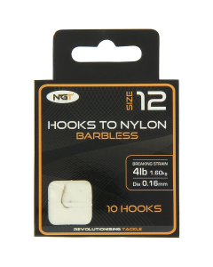 Buy NGT Hook to Nylon Barbless Size 12 for only £8.99 in Bait & Tackle, Rigs, Hooks at Big Bill's Fishing Shack, Main Website.