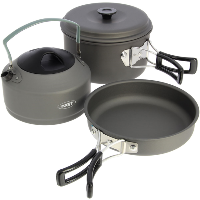 Buy NGT Aluminium Outdoor Cook Set - 1.1 litre Kettle, Pot and Pan in Gun Metal for only £28.99 in Kettles & Brew Bags, Kettles at Big Bill's Fishing Shack, Main Website.